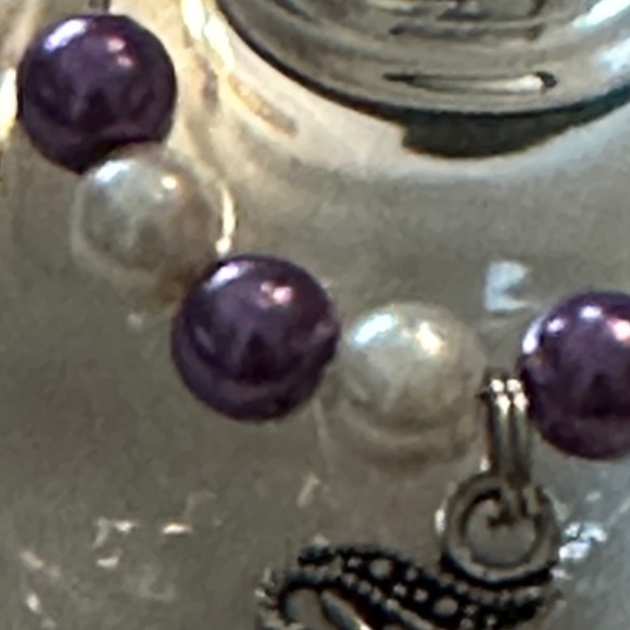 3/$15 Wine glass tag – stainless steel hoop, purple/white beads, crescent moon - Picture 5 of 11